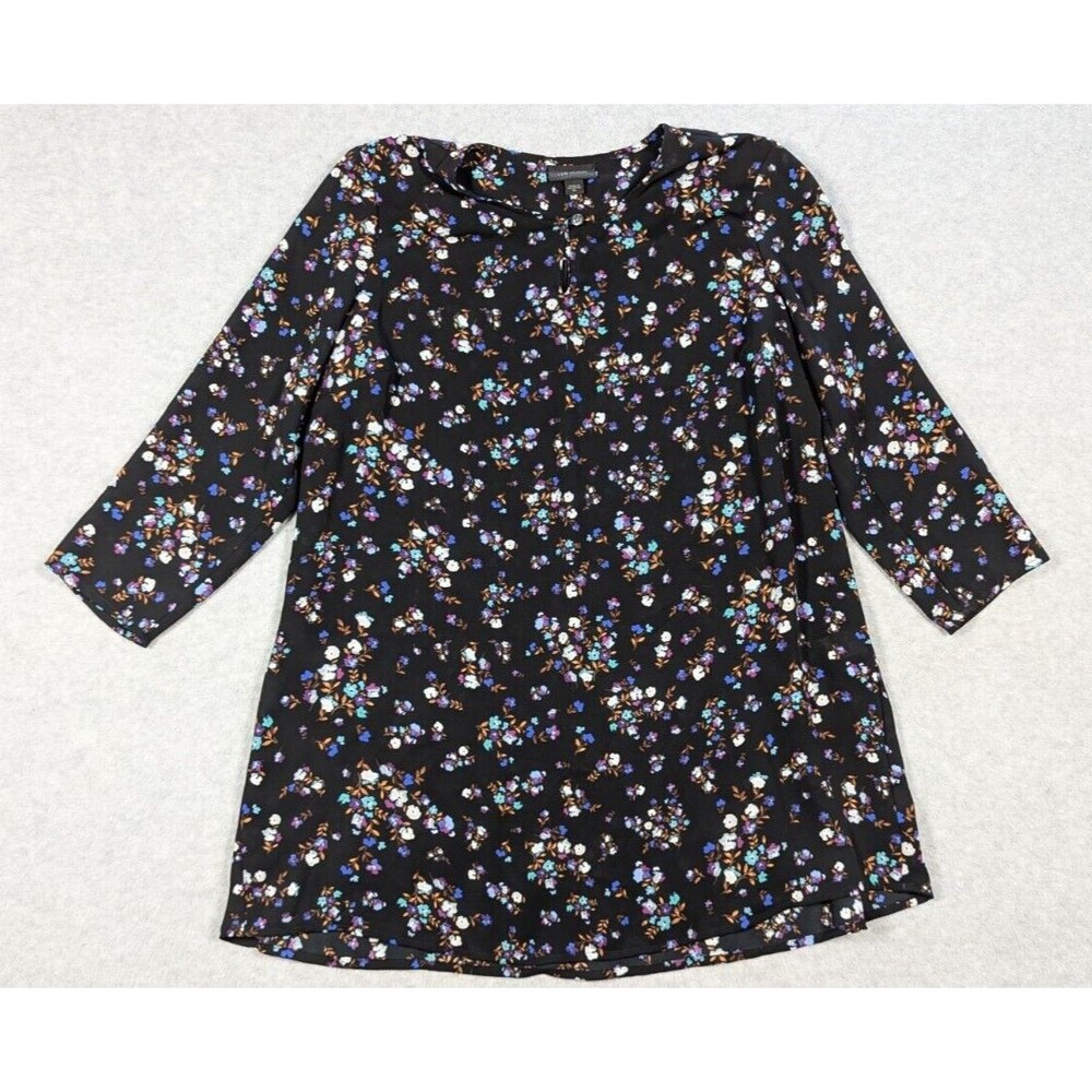 J.Jill Wearable Women Top XS Floral Tunic Chiffon‎ Black Pleated Ribbed Flowy
